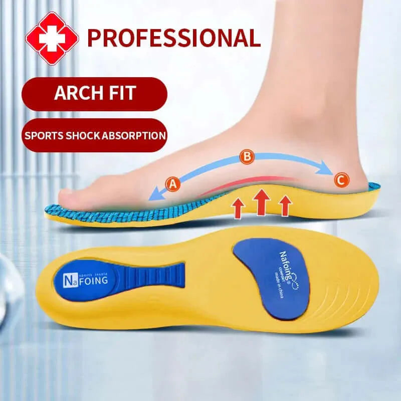 Sport orthopedic insoles with arch fit and shock absorption.