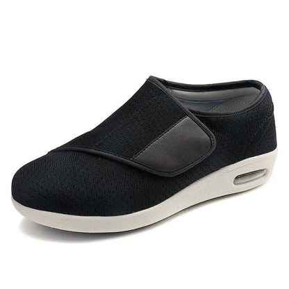 Men's orthopedic wide feet diabetic shoes with adjustable slip-on design, mesh upper, and rubber outsole.