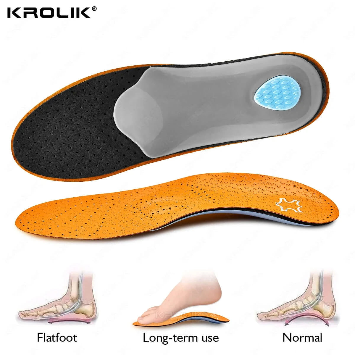 Orthotic leather insoles for flat feet and O/X leg support, breathable and shock-absorbent.
